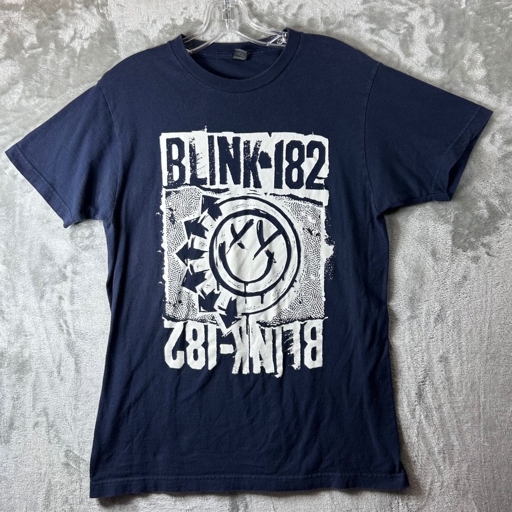 Blink 182 T Shirt Mens Medium Navy Smiley Face Logo Band Tee Tultex Pop Punk Y2K